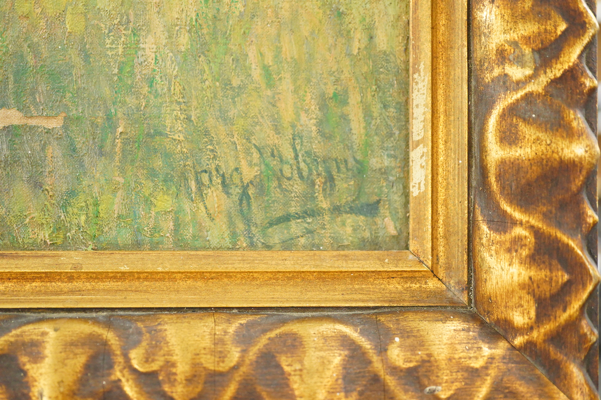 Robyns, Lakeside landscape, indistinctly inscribed in ink and partial stencil verso, oil on canvas, 30 x 44cm